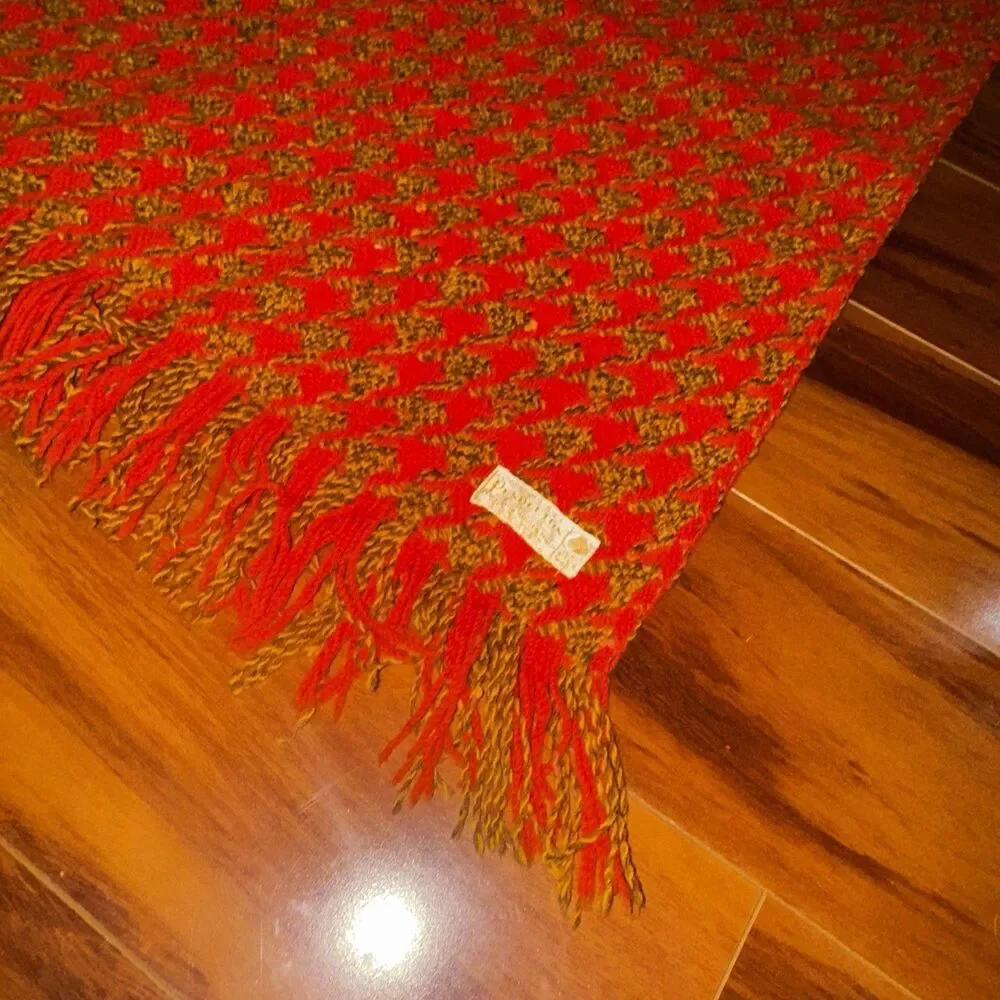 Vintage 60s 70s Pendleton Wool Houndstooth Fringed Throw Blanket Orange 53 x 62